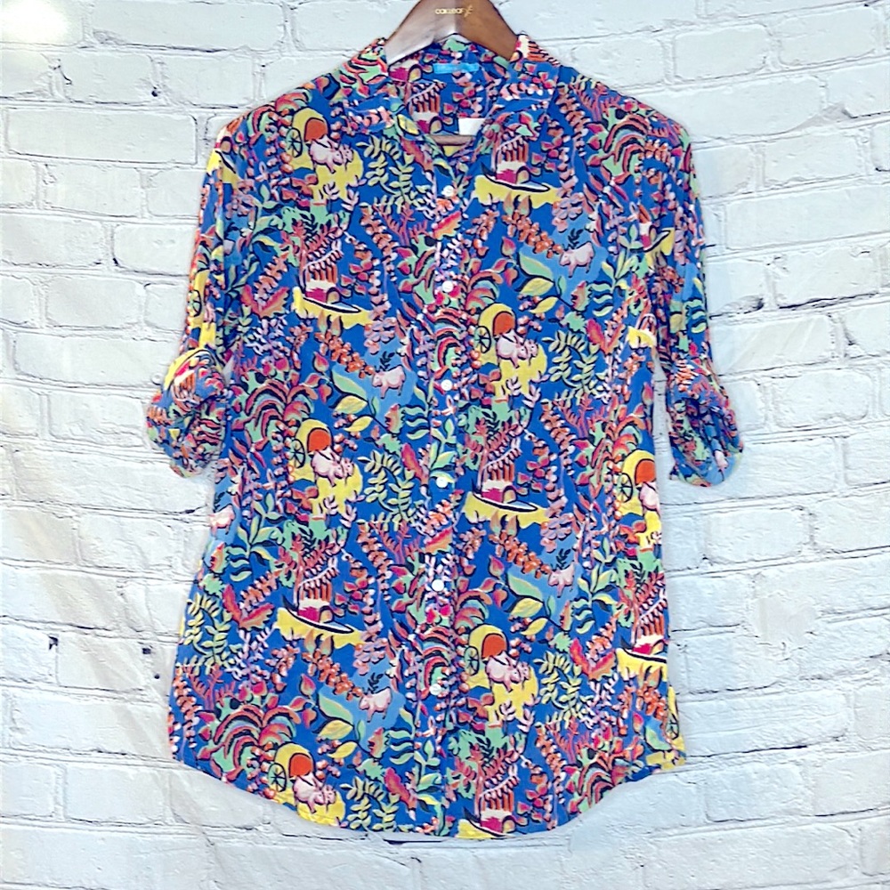 J. McLaughlin Blue Yellow Mini Freshfield Button Down Lois Blouse Size Medium